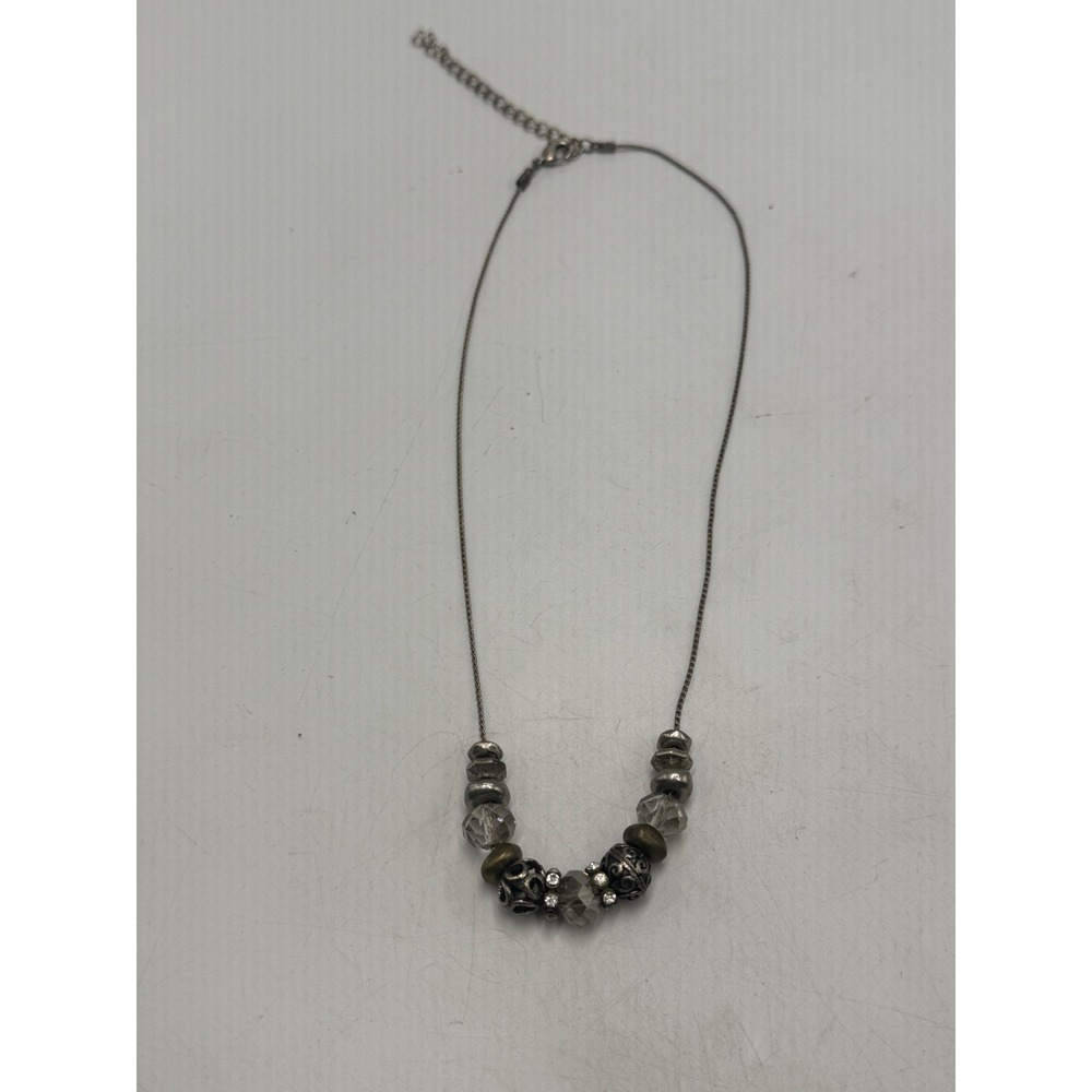 Mixed Bead Filigree Crystal Necklace Silver Tone Boho Rhinestone Adjustable